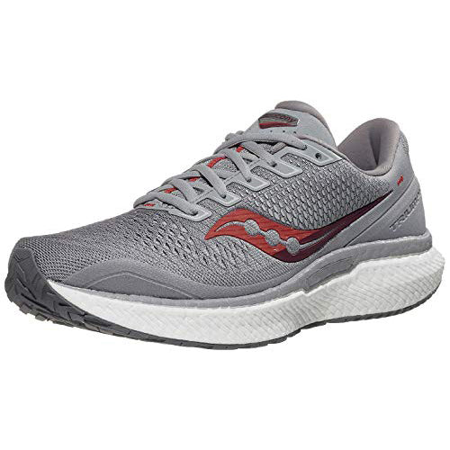 The Saucony Echelon 8 Running Shoe for men features a gray mesh upper, gray laces, white PWRRUN cushioned sole, maroon accents, and a wavy side logo.