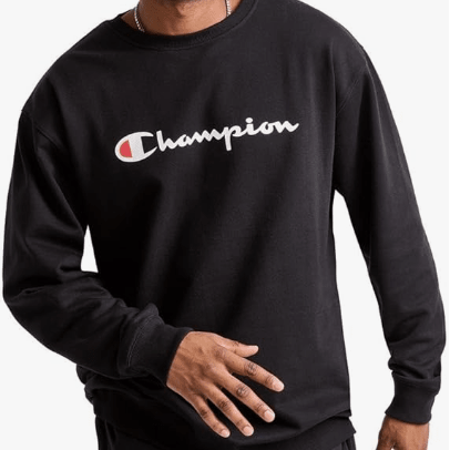 Champion POWERBLEND GRAPHIC CREW FLEECE Black - Classic Script Logo Small 738994445414 Shoe Deals Outlet