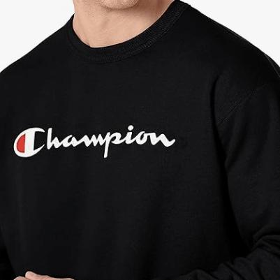 Champion POWERBLEND GRAPHIC CREW FLEECE Black - Classic Script Logo Small 738994445414 Shoe Deals Outlet