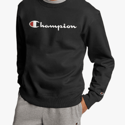 Champion POWERBLEND GRAPHIC CREW FLEECE Black - Classic Script Logo Small 738994445414 Shoe Deals Outlet