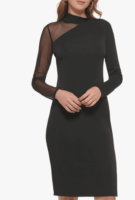 DKNY Long Sleeve Mock Neck Mesh Shoulder Maxi Dress Black Medium 755405614696 Shoe Deals Outlet