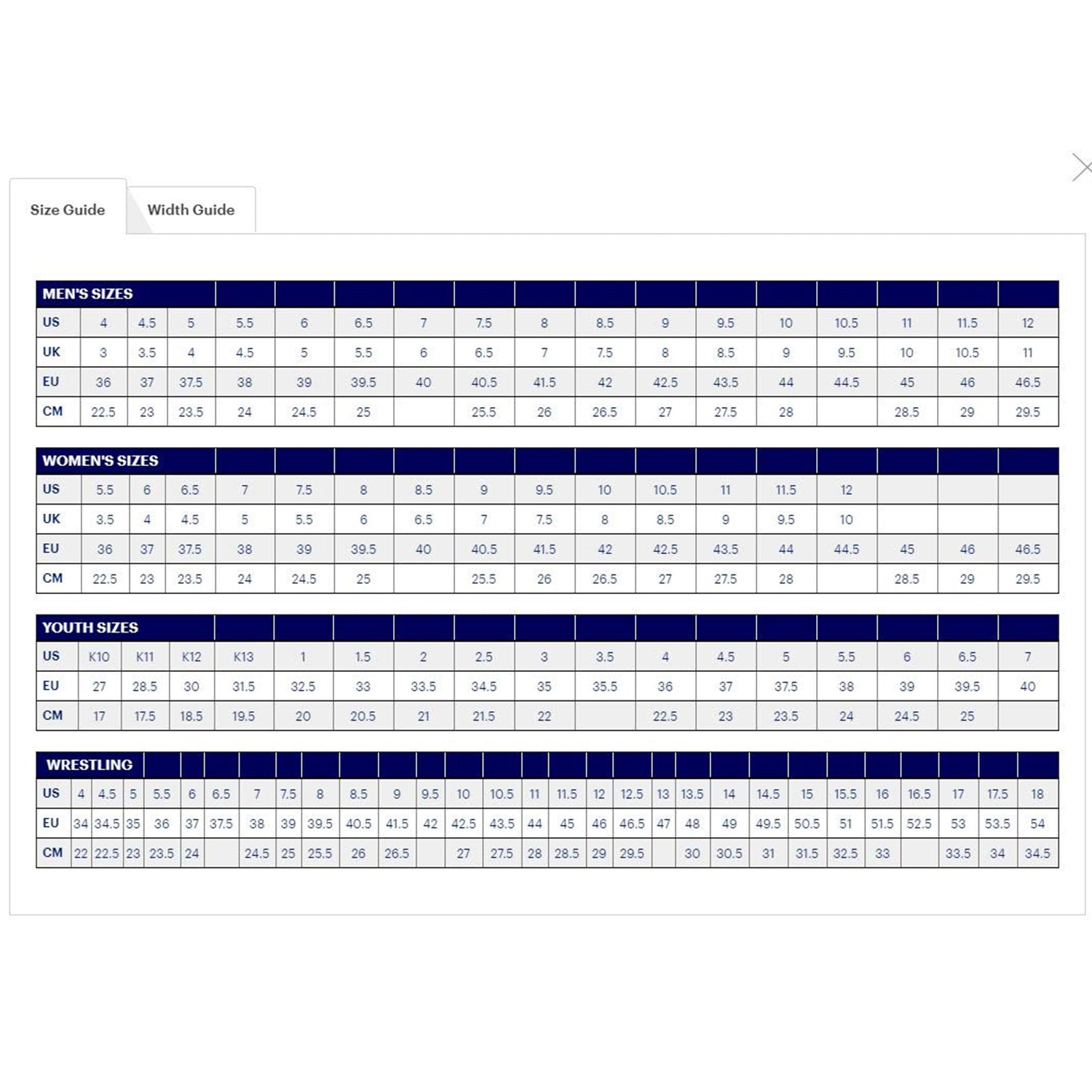 Find your perfect fit for the ASICS Gel Venture 9 - Mens with this shoe size chart, featuring men’s, women’s, youth, and wrestling sizes in US, UK, EU, and CM measurements—ideal for trail running.