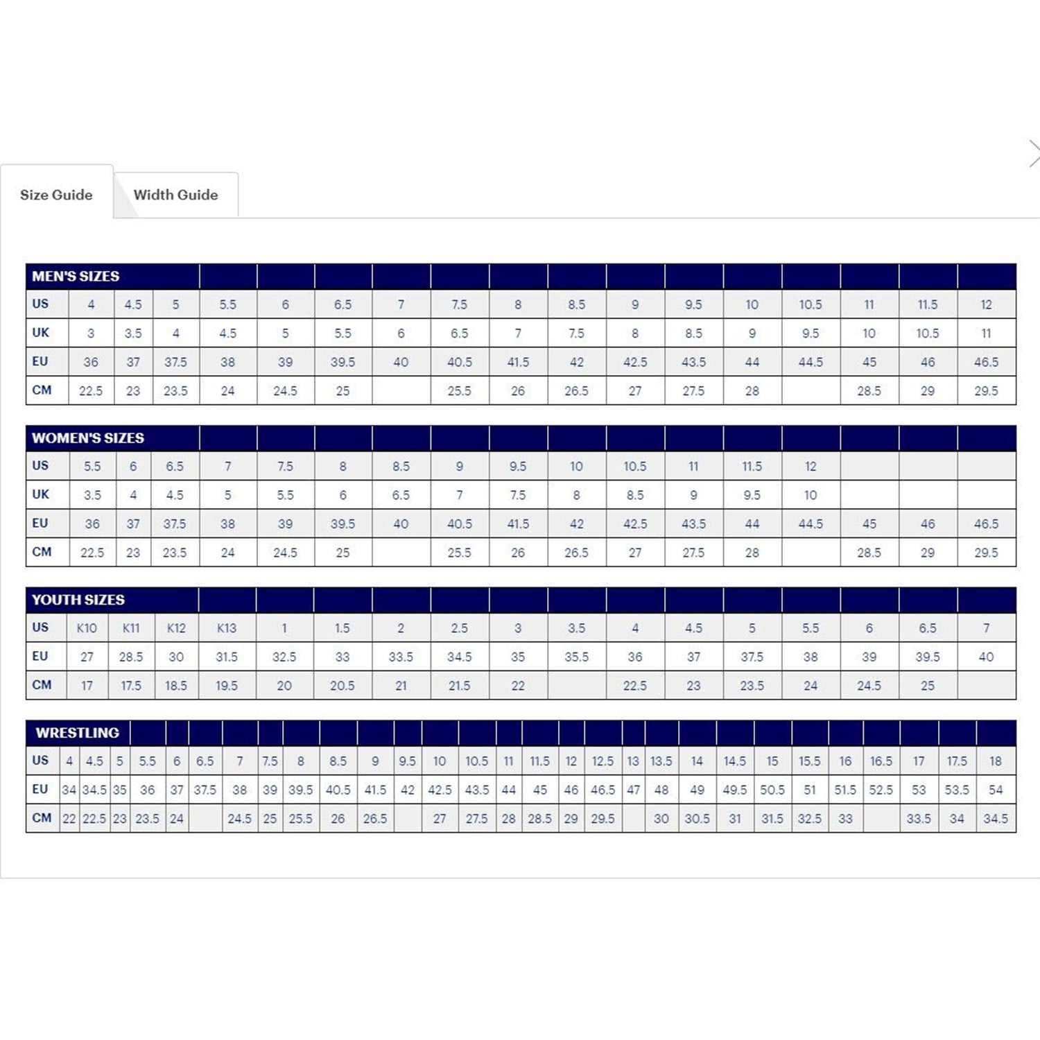 Size chart with US, UK, EU, and CM conversion tables for mens shoes—ideal for finding the perfect fit in ASICS Nimbus 23 - Mens running shoes. Blue and white rows shown for easy reading.