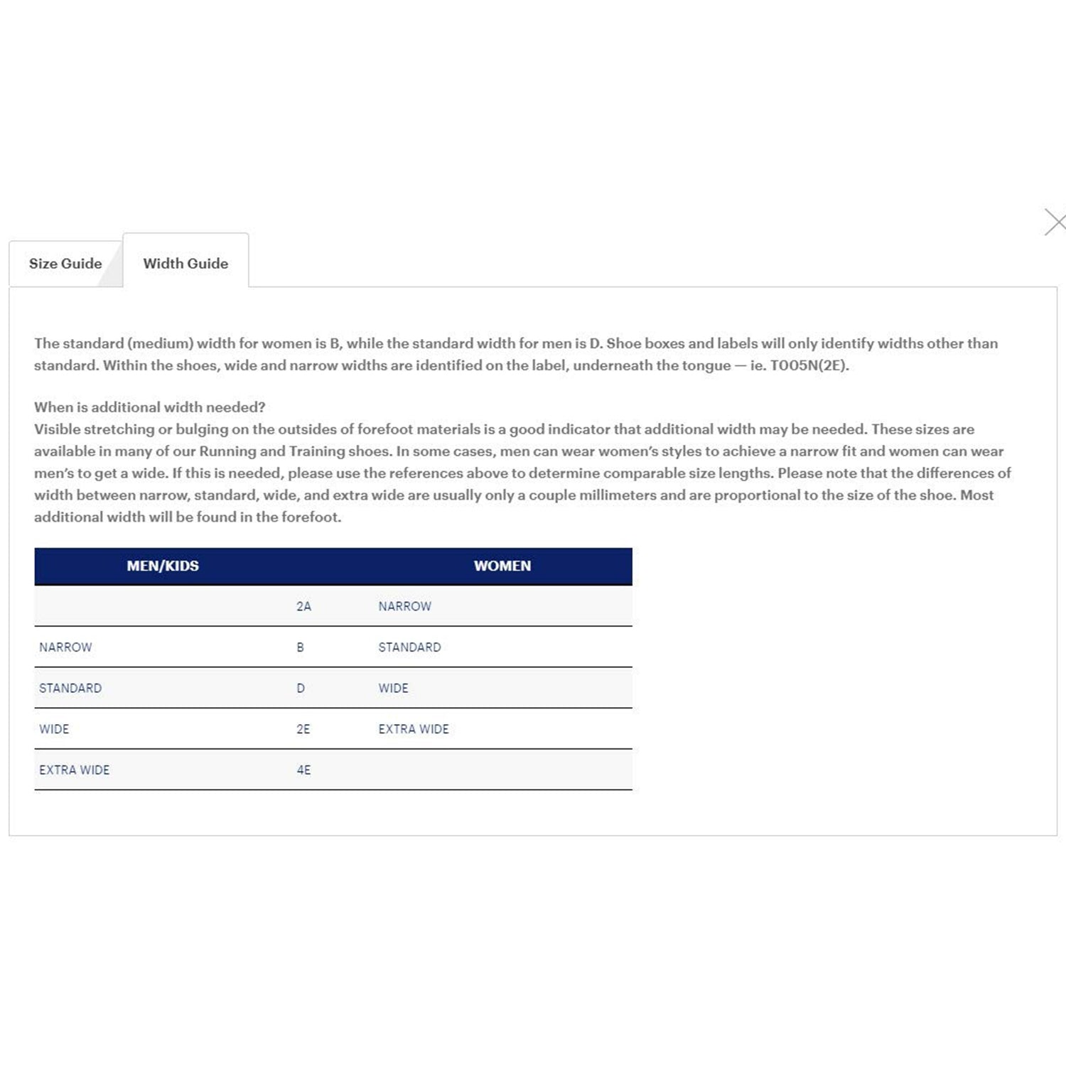 Screenshot of a mens shoe width size guide for ASICS Gel Venture 9, explaining standard and extra widths for men and women, plus detailed width labels in a table to help choose the right fit.