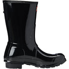 A glossy black Hunter Original Short Gloss Rain Boot for women, featuring a thick treaded sole, shown in a side view against a white background.