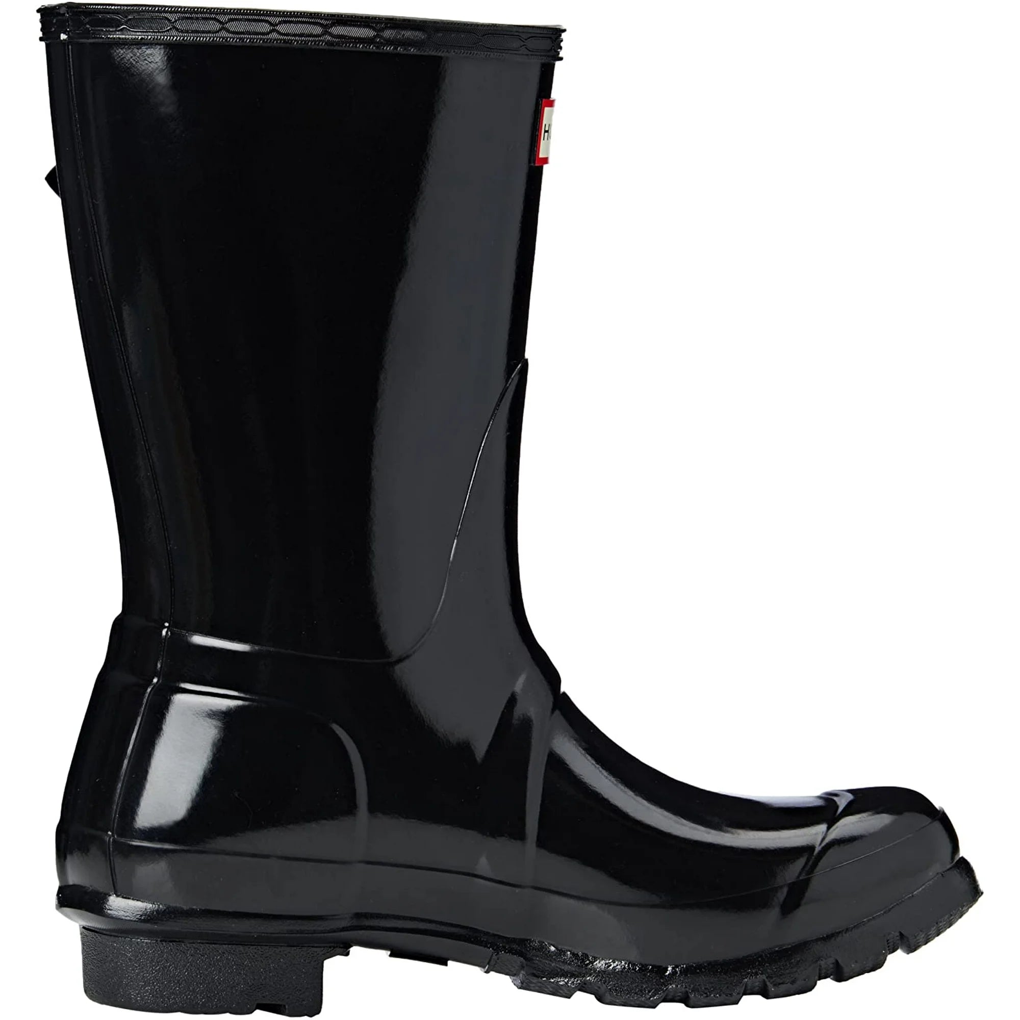 A glossy black Hunter Original Short Gloss Rain Boot for women, featuring a thick treaded sole, shown in a side view against a white background.