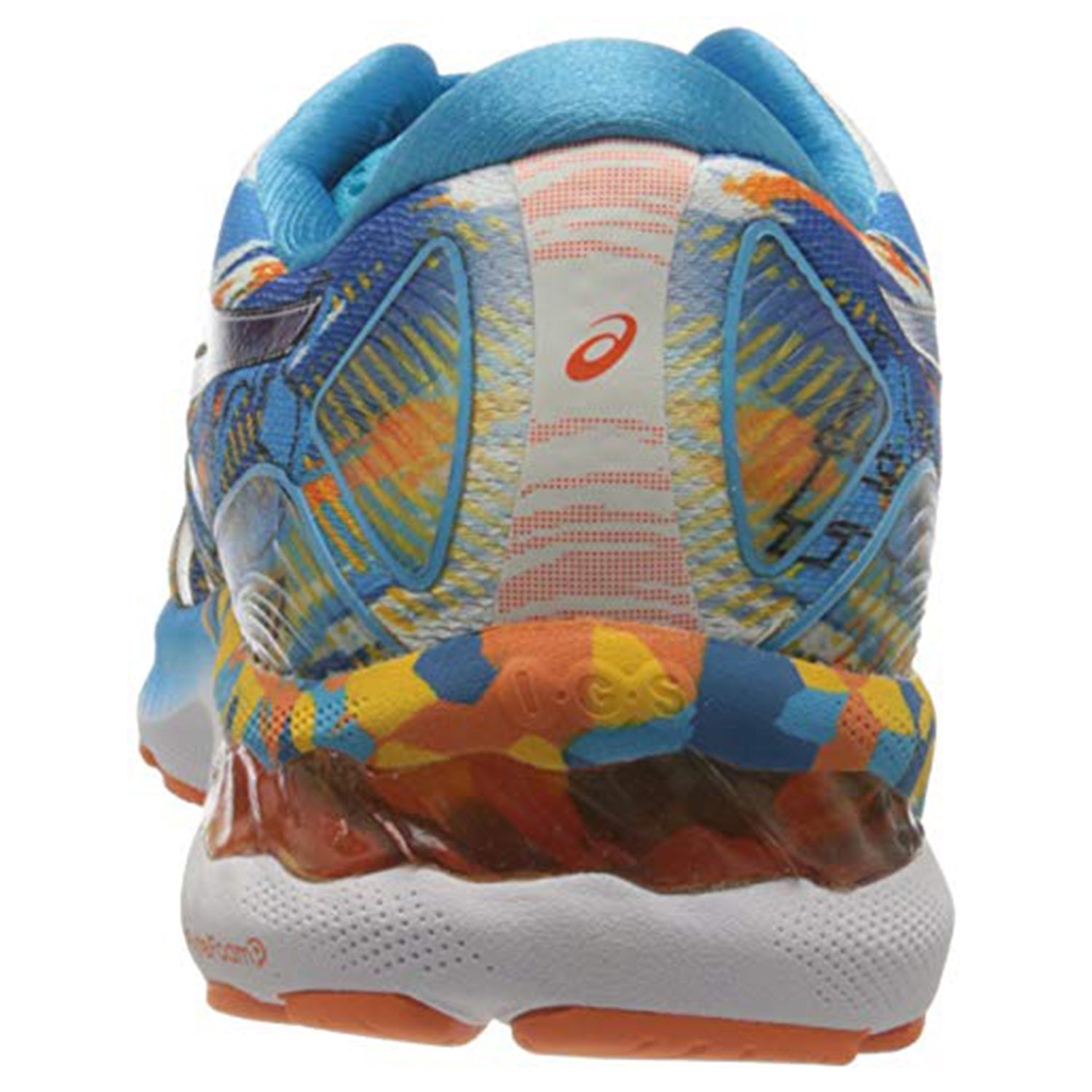 A rear view of the ASICS Nimbus 23 - Mens running shoe, showing vibrant blue, orange, yellow, and white patterns with the ASICS logo on the heel and a textured sole designed for superior shock absorption.