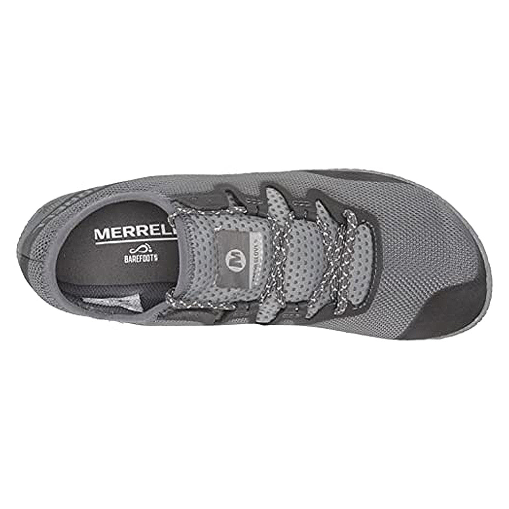 Top view of the Merrell Vapor Glove 5 - Men in gray, featuring mesh fabric, black rubber toe, lace-up closure, and Merrell Barefoot branding on the insole. Made with recycled materials for eco-friendly performance.