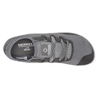 Top view of the Merrell Vapor Glove 5 - Men in gray, featuring mesh fabric, black rubber toe, lace-up closure, and Merrell Barefoot branding on the insole. Made with recycled materials for eco-friendly performance.