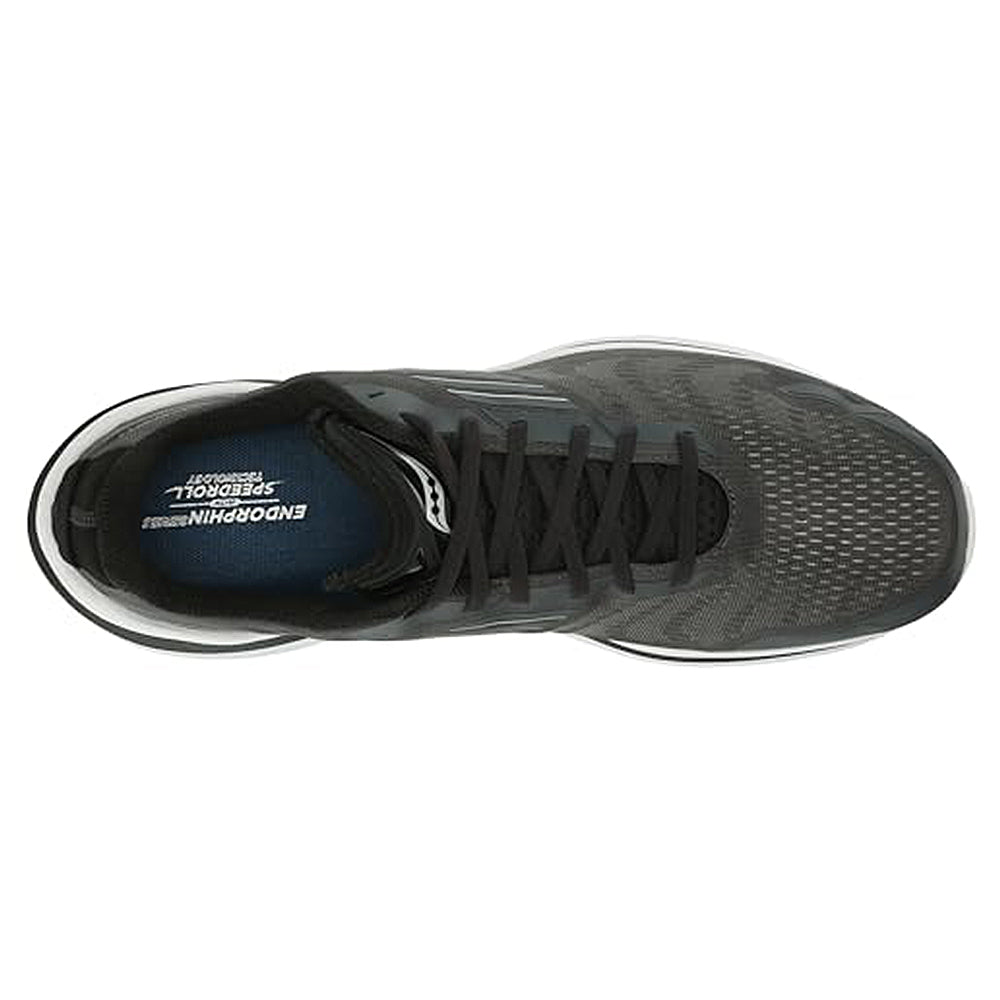 Top view of Saucony Endorphin Shift 3 - Men in black and gray, featuring black laces, SPEEDROLL Technology on the insole, and responsive PWRRUN foam for enhanced comfort.