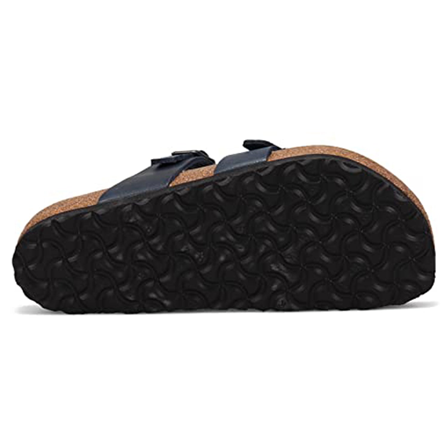 The image shows the bottom view of the Birkenstock Mayari Oiled Leather - Women sandal, featuring a textured black rubber sole, contoured cork footbed, and two dark oiled leather straps across the top.