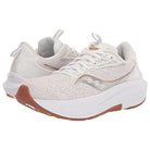 The Saucony Echelon 9 Running Shoe - Womens features a seamless white upper, thick white soles with PWRRUN cushioning, and brown rubber outsoles. One shoe stands upright while the other is angled to display the heel and side.