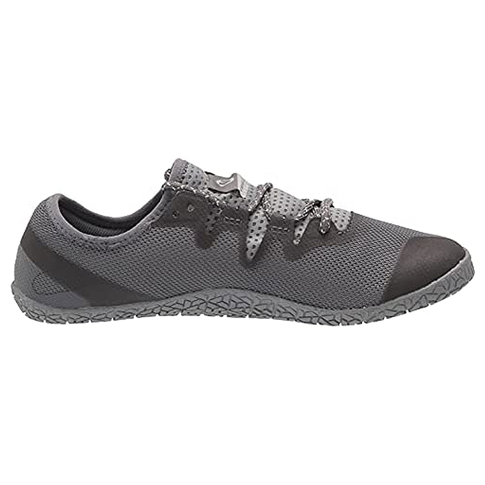 The Merrell Vapor Glove 5 - Men is a gray minimalist athletic shoe with a breathable mesh upper, recycled materials, textured rubber sole, black toe and heel accents, dotted gray laces, and a low-profile design.