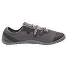 The Merrell Vapor Glove 5 - Men is a gray minimalist athletic shoe with a breathable mesh upper, recycled materials, textured rubber sole, black toe and heel accents, dotted gray laces, and a low-profile design.
