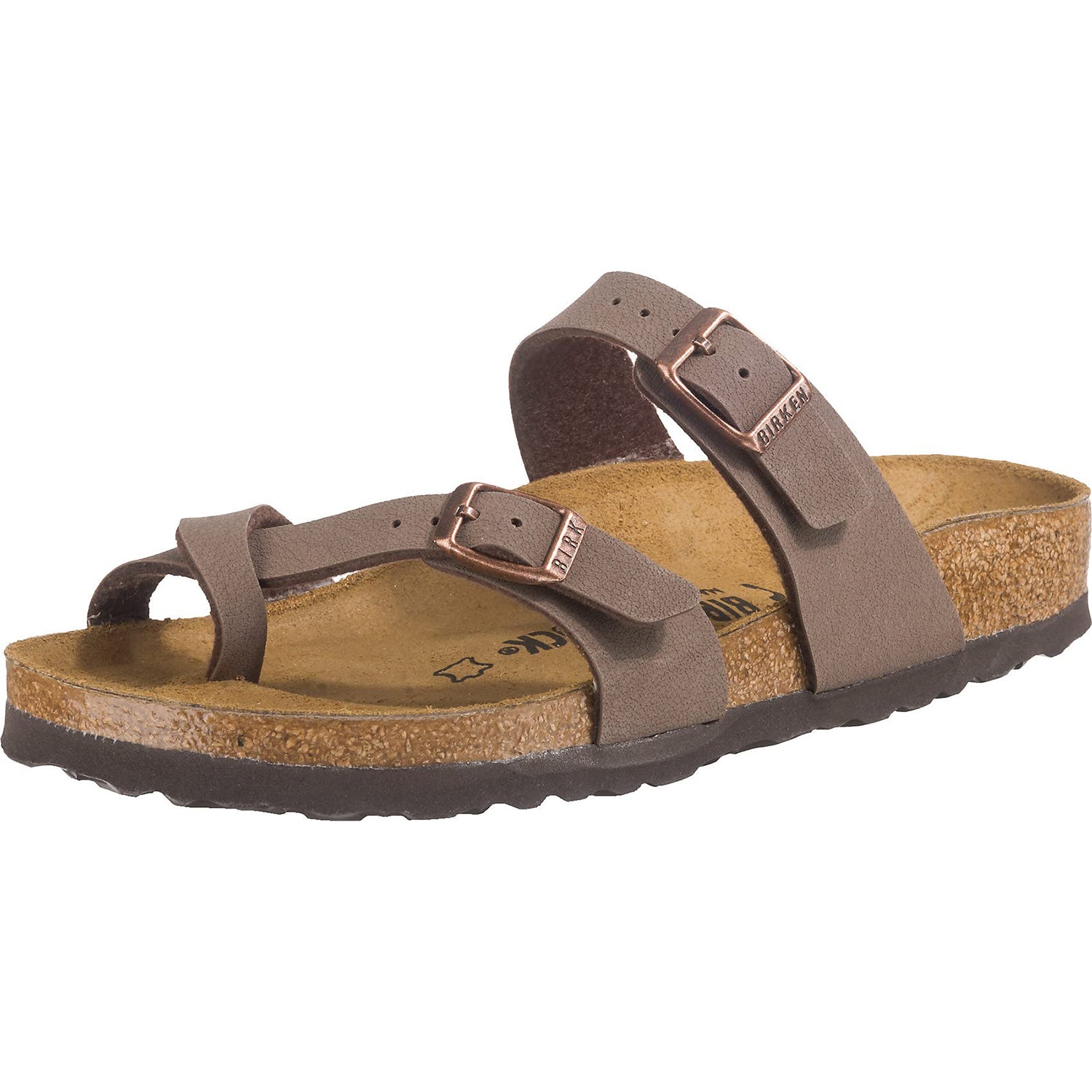 The Birkenstock Mayari Oiled Leather - Women sandal features brown oiled leather, a contoured cork footbed, two adjustable buckle straps, and a toe loop. It is shown angled on a white background.