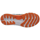 The image shows the sole of the ASICS Nimbus 23 - Mens running shoe, featuring a white base with orange segmented tread for grip and shock absorption, highlighting its unique bottom design and traction features.