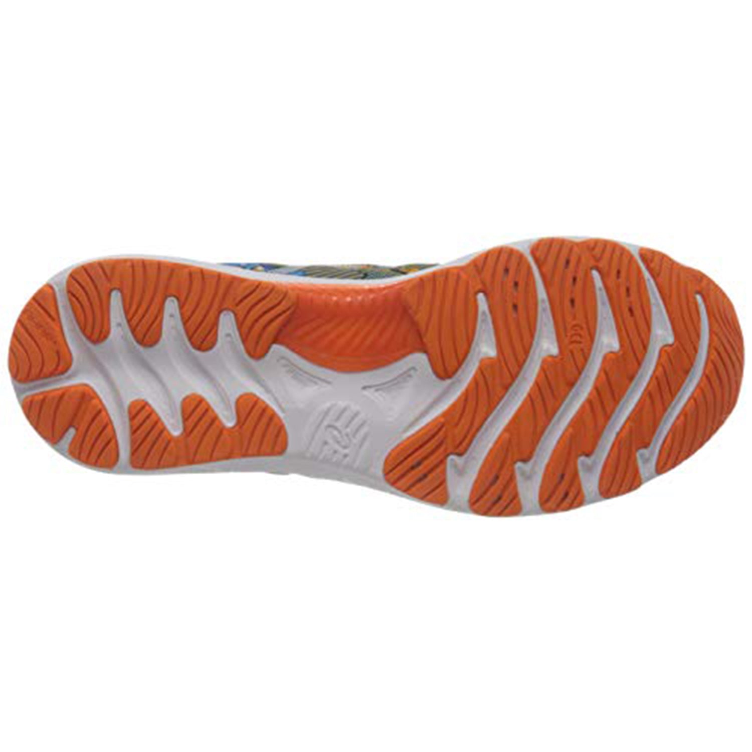 The image shows the sole of the ASICS Nimbus 23 - Mens running shoe, featuring a white base with orange segmented tread for grip and shock absorption, highlighting its unique bottom design and traction features.
