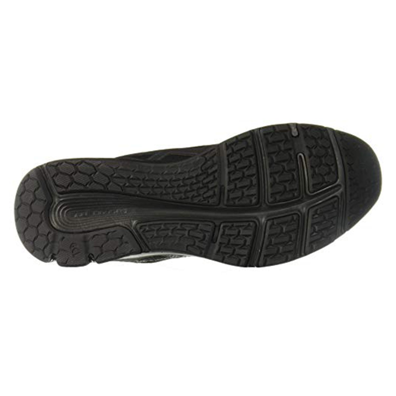 The image shows the black rubber outsole of the ASICS GEL-PULSE 12 - Mens running shoe, featuring a textured tread pattern with unique heel and forefoot grooves, crosshatch designs, and GEL technology for grip and flexibility.