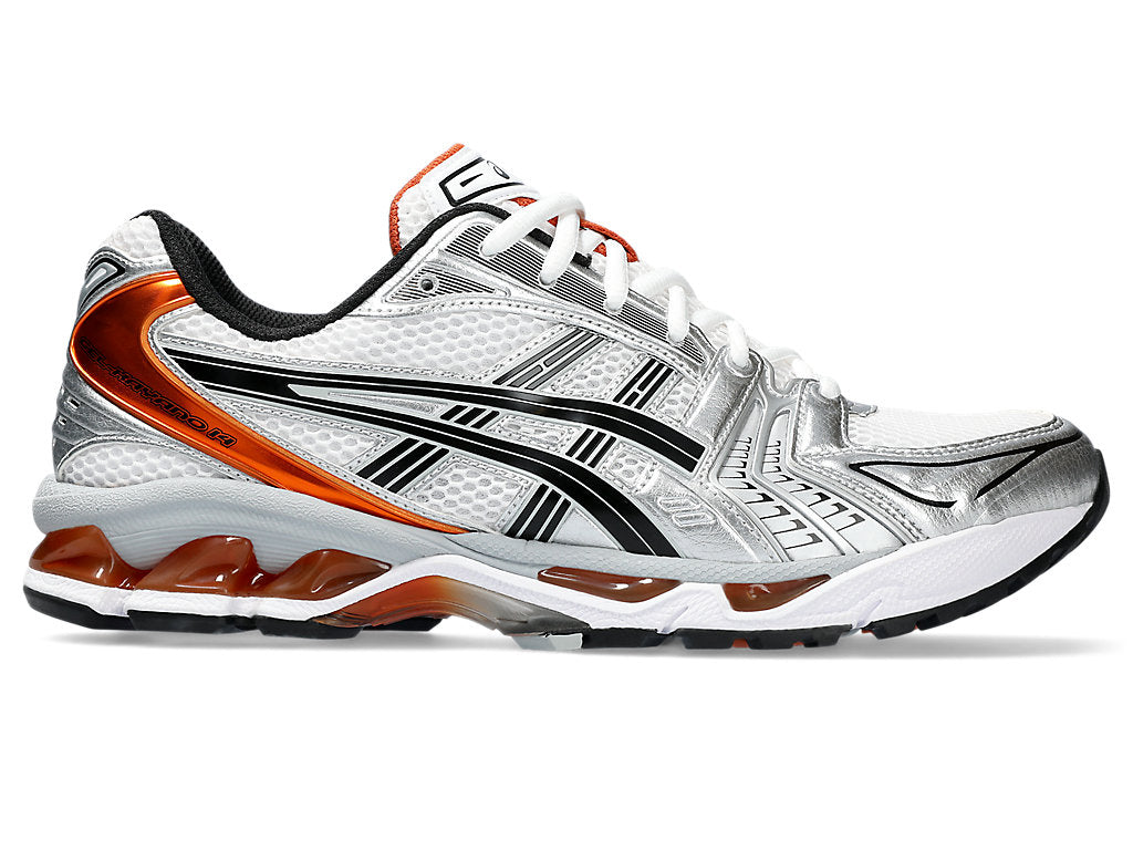 The ASICS Gel-Kayano 14 - Mens in White/Piquant Orange features a mesh upper, bold side stripes, and a cushioned GEL Technology sole for superior comfort and support.