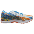 Side view of the ASICS Nimbus 23 - Mens running shoe featuring blue laces, a white base, and abstract orange, blue, and yellow patterns. The mostly white sole includes orange accents for extra shock absorption.