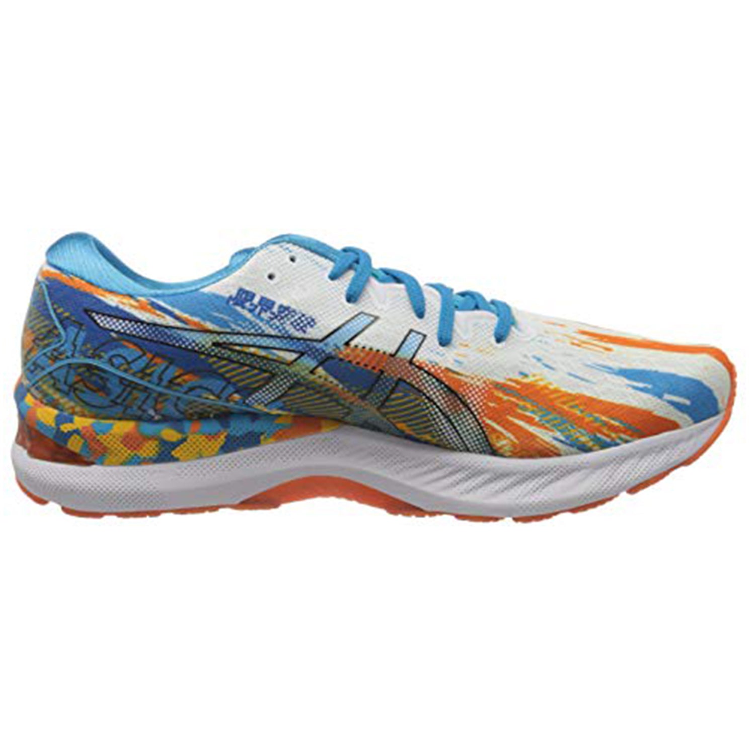 Side view of the ASICS Nimbus 23 - Mens running shoe featuring blue laces, a white base, and abstract orange, blue, and yellow patterns. The mostly white sole includes orange accents for extra shock absorption.