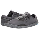 A pair of Merrell Vapor Glove 5 - Men minimalist shoes in gray, featuring mesh uppers from recycled materials, textured rubber soles, and black accents. One shoe stands upright; the other is angled to display its side and heel.