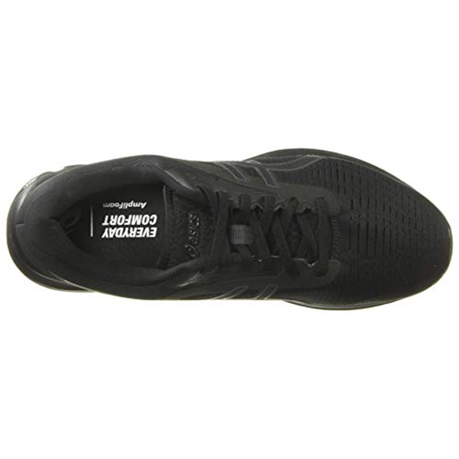 Top view of the ASICS GEL-PULSE 12 - Mens running shoes with black laces and mesh design. Features EVERYDAY COMFORT insole, AmpliFoam, and GEL technology for a cushioned ride, suitable for running or casual wear.