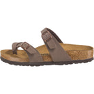 The Birkenstock Mayari Oiled Leather - Women is a brown open-toe sandal with two adjustable buckles, a contoured footbed, cork sole, and black textured rubber outsole.