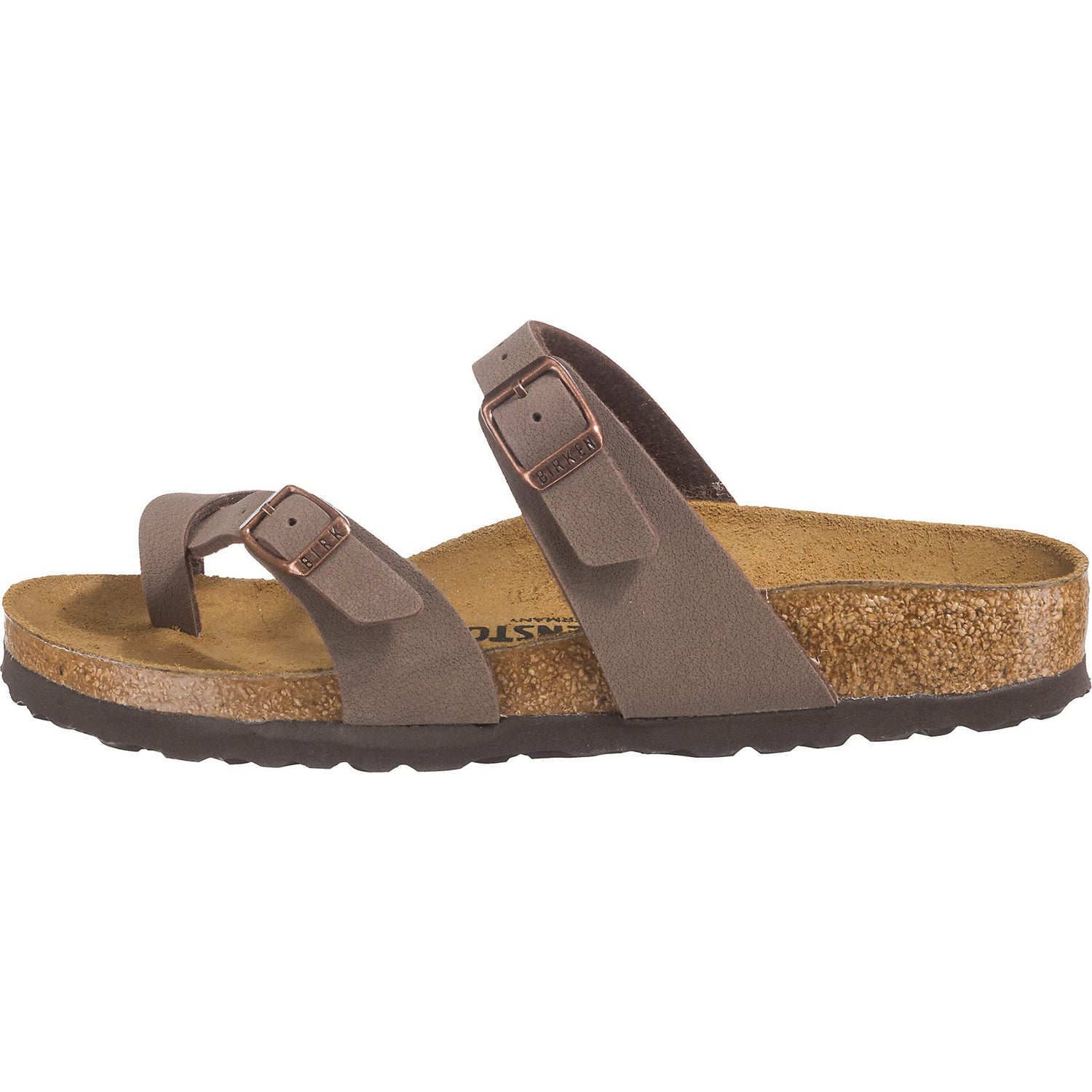 The Birkenstock Mayari Oiled Leather - Women is a brown open-toe sandal with two adjustable buckles, a contoured footbed, cork sole, and black textured rubber outsole.