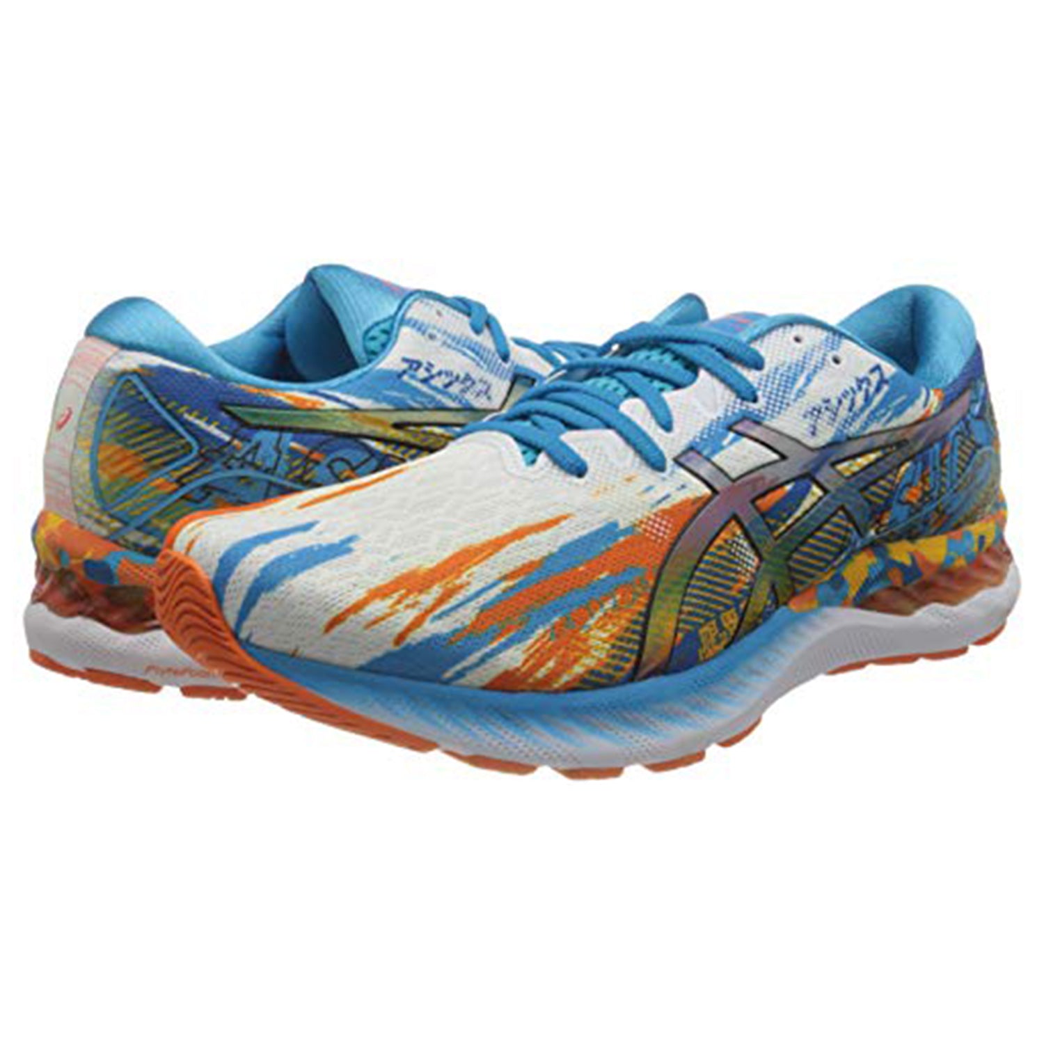 The ASICS Nimbus 23 - Mens running shoes feature a blue, white, and orange abstract design, blue laces, orange soles, and advanced shock absorption for comfort.