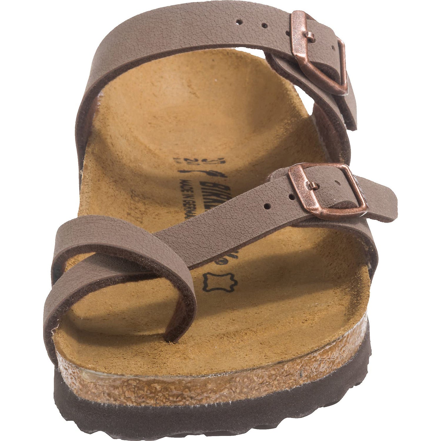 A close-up front view of the Birkenstock Mayari Oiled Leather - Women sandal shows two adjustable buckle straps, a cork contoured footbed with natural insole contouring, and a slightly textured sole.