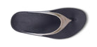 A top view of the OOFOS OOlala Luxe Sandal for women in black with a metallic silver strap, showing its textured OOfoam footbed and the OOFOS logo embossed near the heel.
