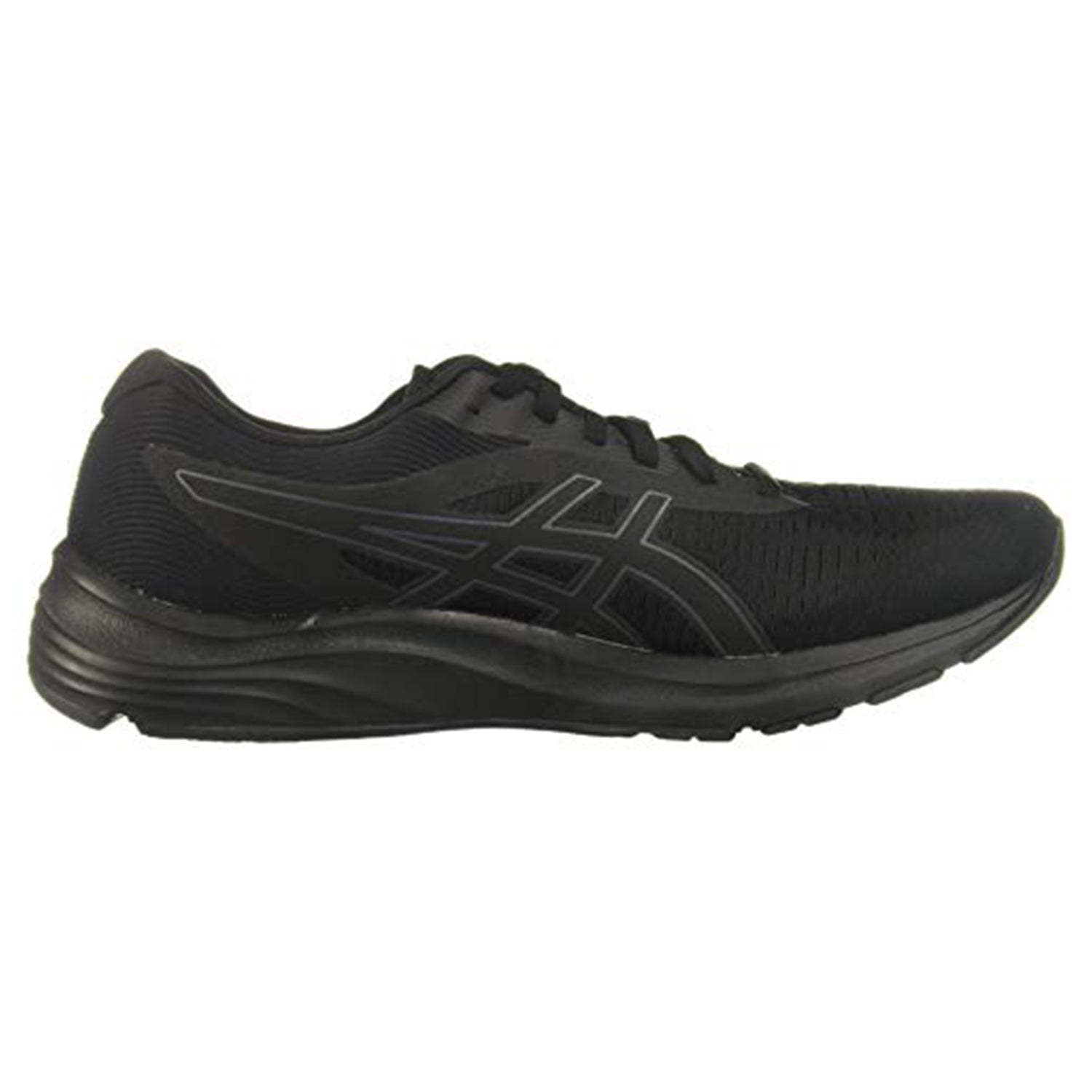 The ASICS GEL-PULSE 12 - Mens is a black running shoe with a mesh upper, lace-up design, and textured sole. It features GEL technology for comfort, a subtle side logo, and a sleek, streamlined look.