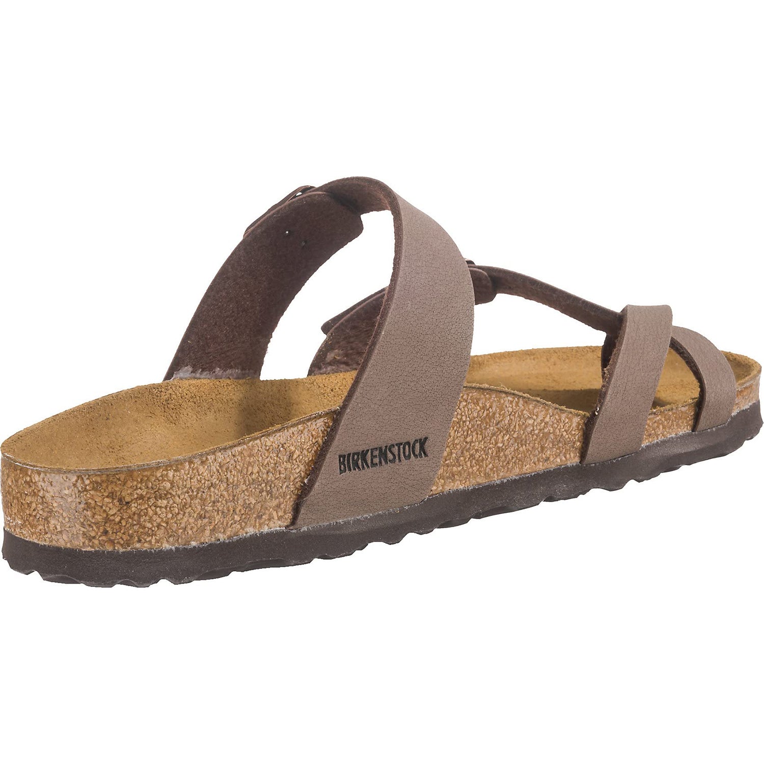 The Birkenstock Mayari Oiled Leather - Women sandal features brown oiled leather, a contoured footbed, adjustable straps, and a textured black sole, shown from the back side angle on a white background.