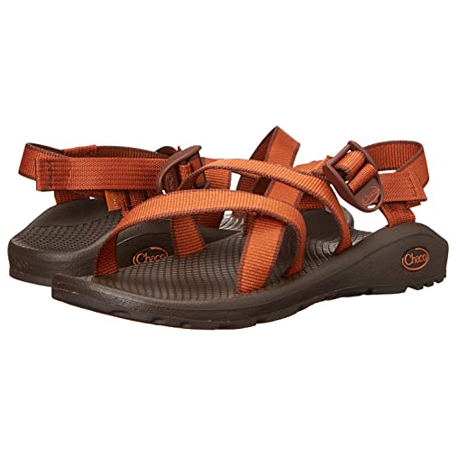 The Chaco Z/Cloud - Women sandals feature brown and orange adjustable straps, a podiatrist-certified footbed, and are designed for outdoor use.