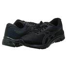 A pair of black ASICS GEL-PULSE 12 mens running shoes with mesh uppers, textured rubber soles, and the ASICS logo on the sides; one shoe stands upright, the other is angled slightly behind.