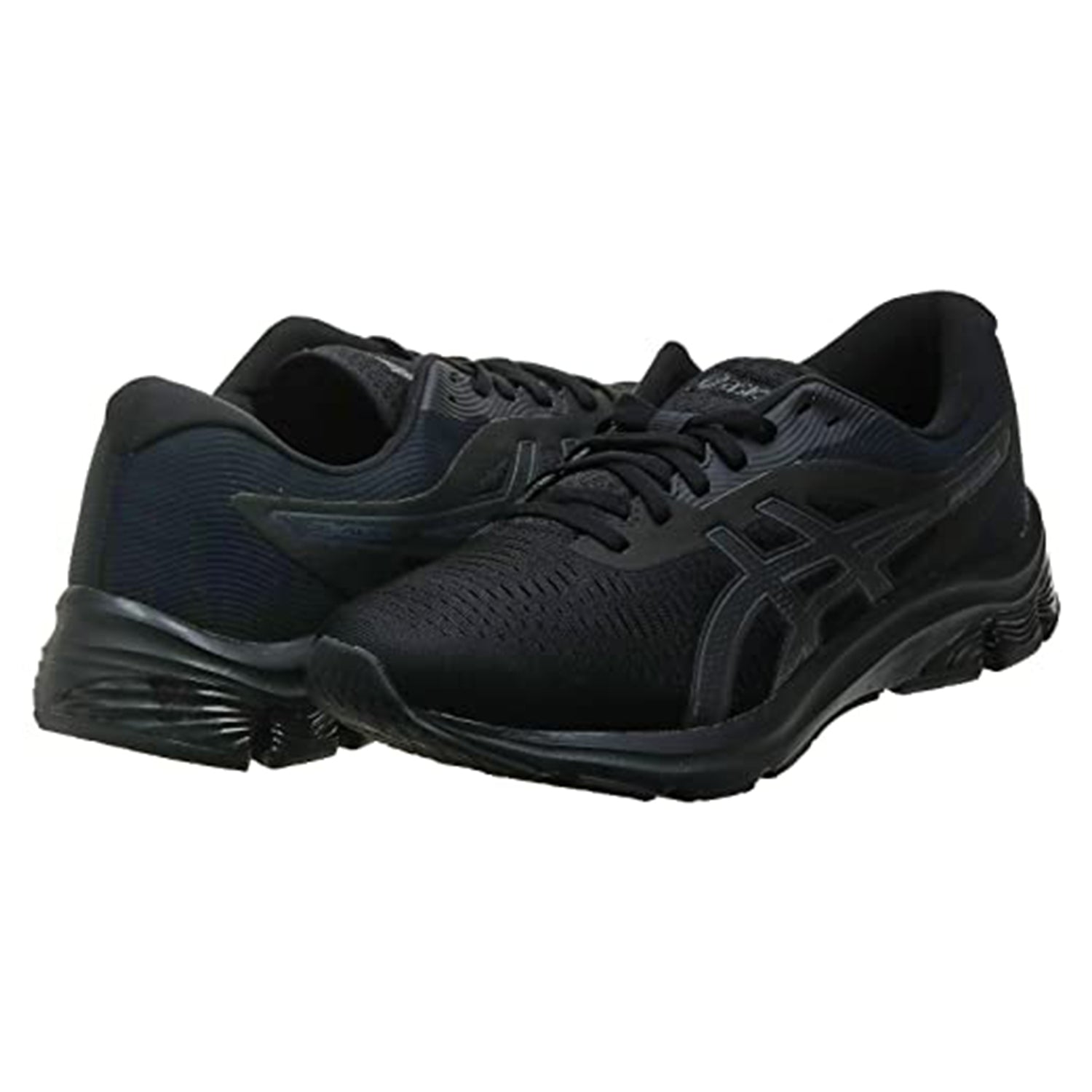 A pair of black ASICS GEL-PULSE 12 mens running shoes with mesh uppers, textured rubber soles, and the ASICS logo on the sides; one shoe stands upright, the other is angled slightly behind.