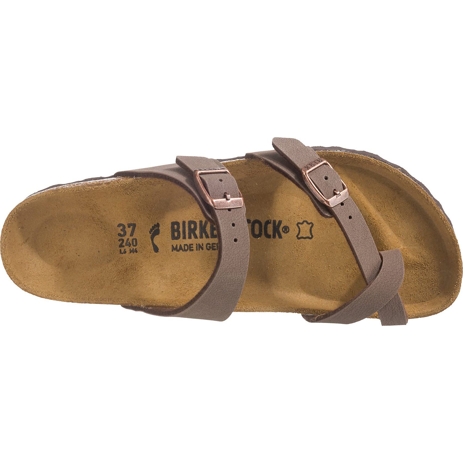 Top view of the Birkenstock Mayari Oiled Leather sandal for women, featuring brown oiled leather, two adjustable straps with buckles, a contoured cork footbed, and visible size markings inside.