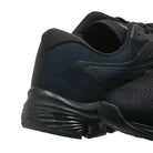 Close-up of the ASICS GEL-PULSE 12 - Mens black running shoes with mesh fabric and textured soles, highlighting the heel, side details, and advanced GEL technology.