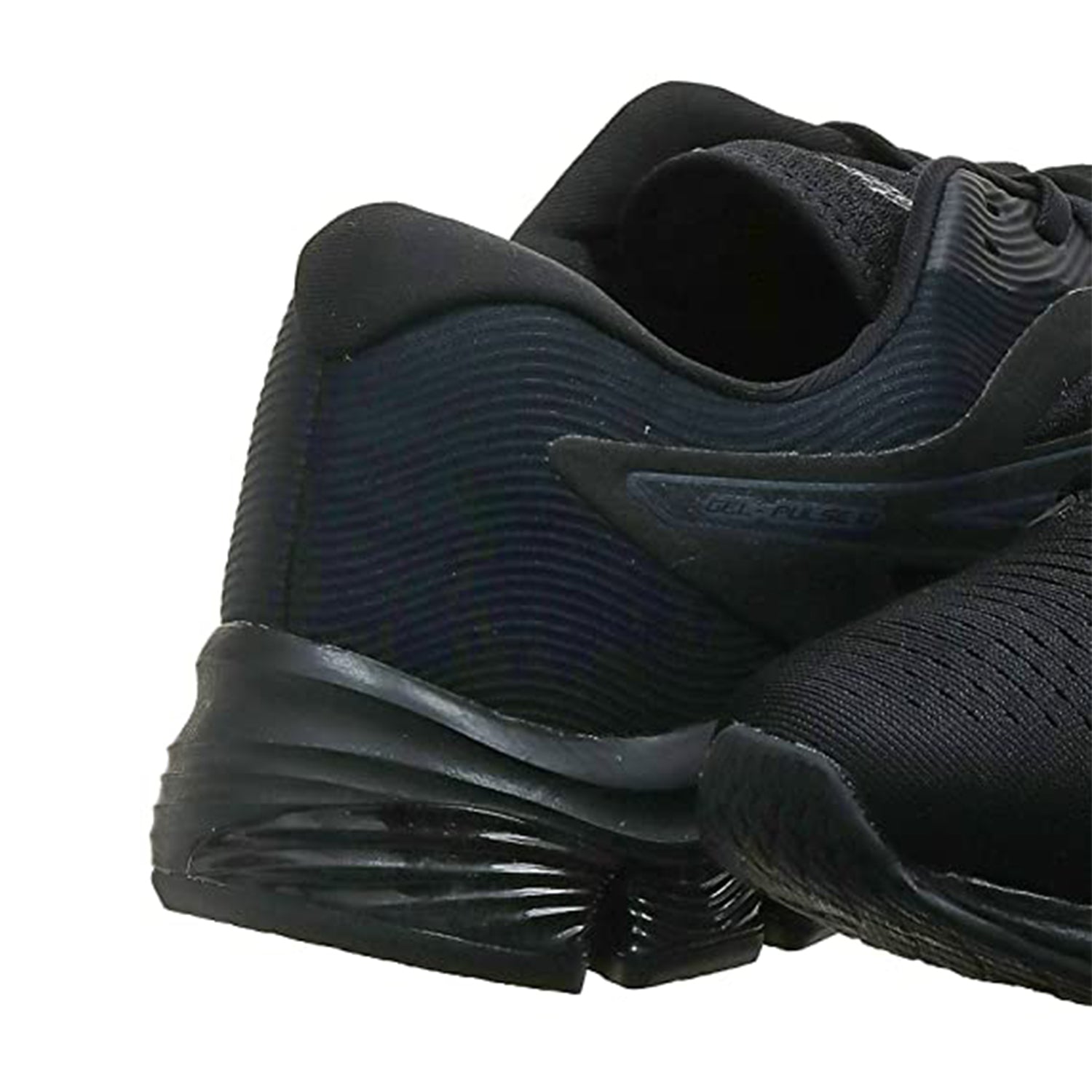Close-up of the ASICS GEL-PULSE 12 - Mens black running shoes with mesh fabric and textured soles, highlighting the heel, side details, and advanced GEL technology.