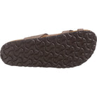 The image shows the bottom view of a Birkenstock Mayari Oiled Leather sandal for women, featuring a dark sole with a wavy, grooved tread pattern and brown oiled leather straps on the upper part.