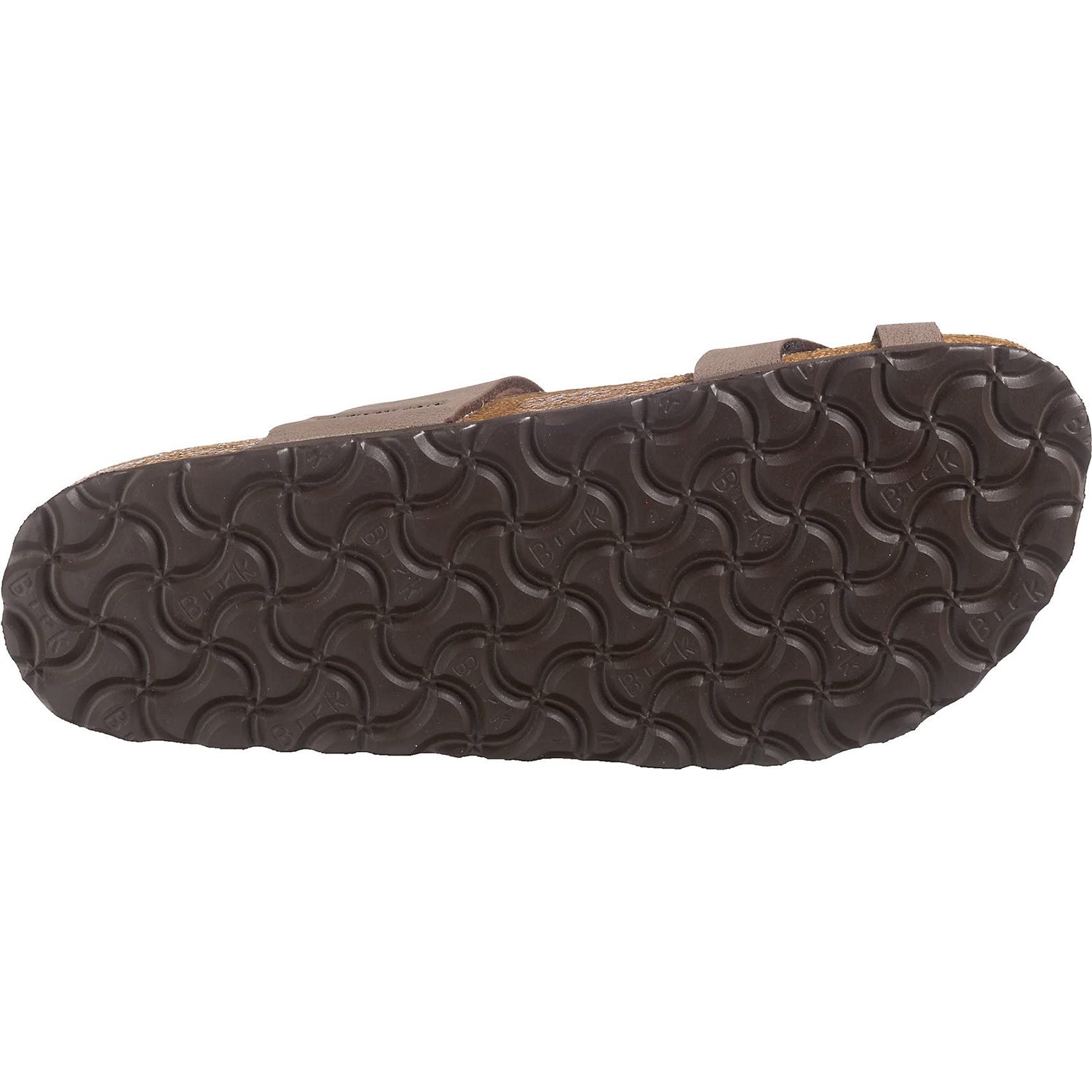 The image shows the bottom view of a Birkenstock Mayari Oiled Leather sandal for women, featuring a dark sole with a wavy, grooved tread pattern and brown oiled leather straps on the upper part.
