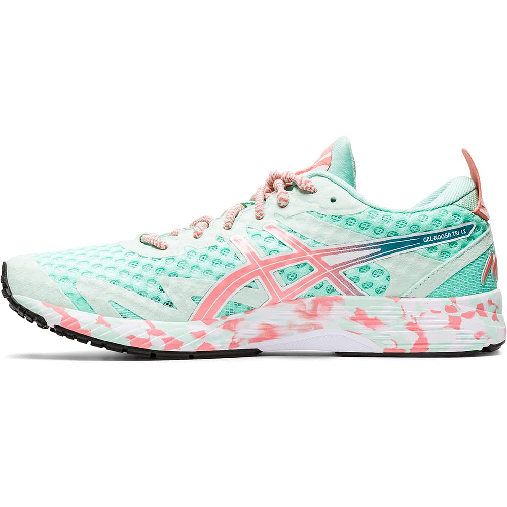 A mint green ASICS GEL-NOOSA TRI 12 Womens running shoe with a coral and white patterned sole, FLYTEFOAM midsole, pink accents, and mesh upper, shown in side view.