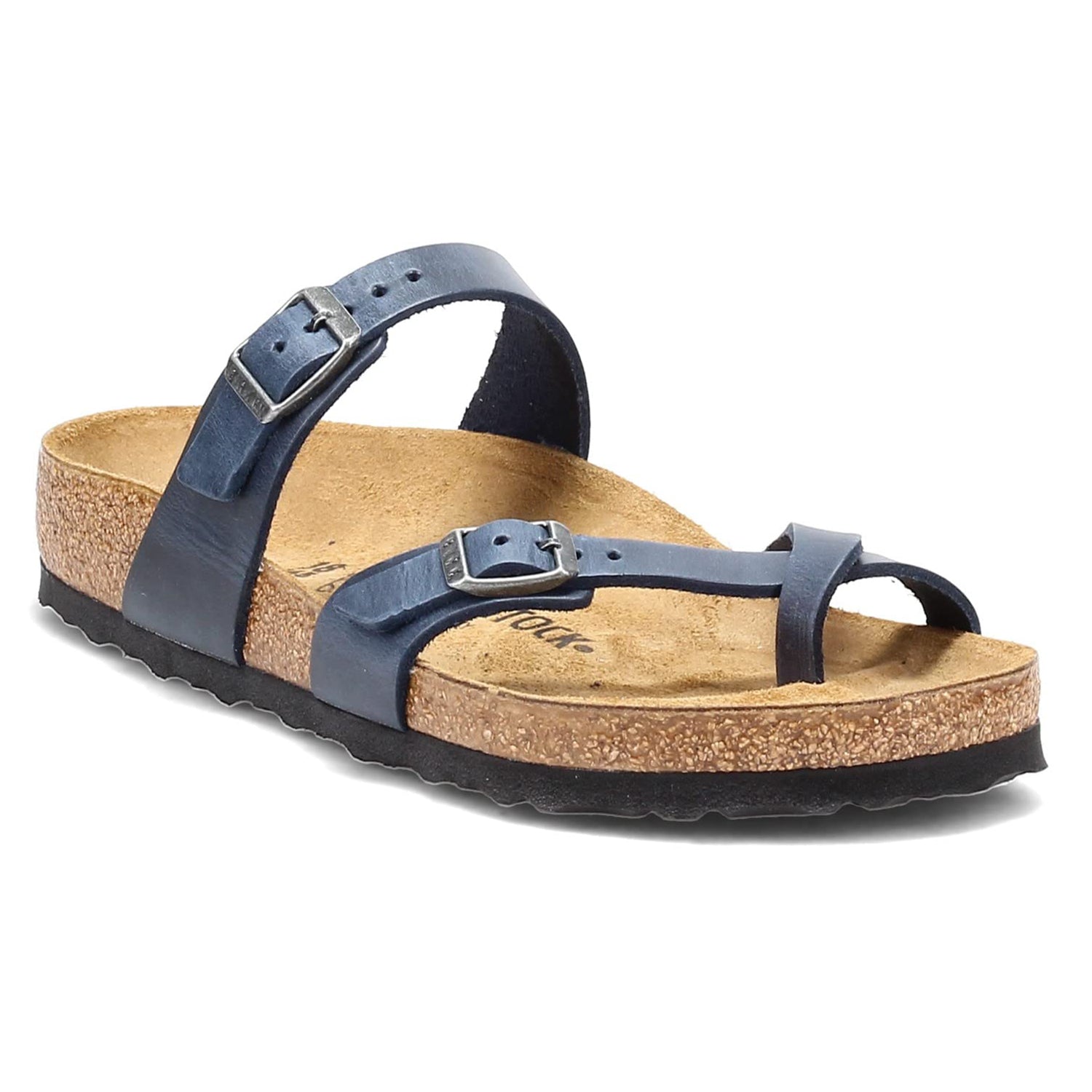 The Birkenstock Mayari Oiled Leather - Women sandal features a contoured cork footbed, black rubber sole, and two navy blue oiled leather straps with metal buckles: one across the foot and one around the big toe.