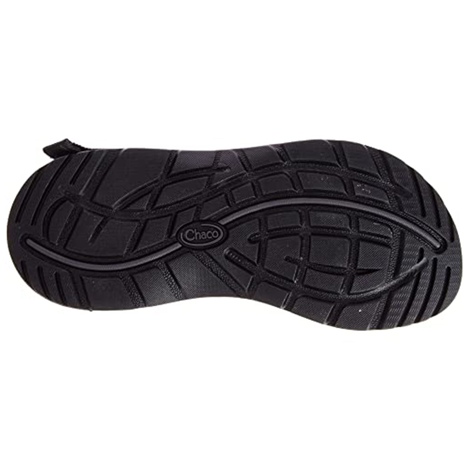 The image shows the black rubber sole of the Chaco Z/Cloud - Women sandal, featuring a textured tread with curved and straight grooves for traction, a center Chaco logo, and a podiatrist-certified footbed.