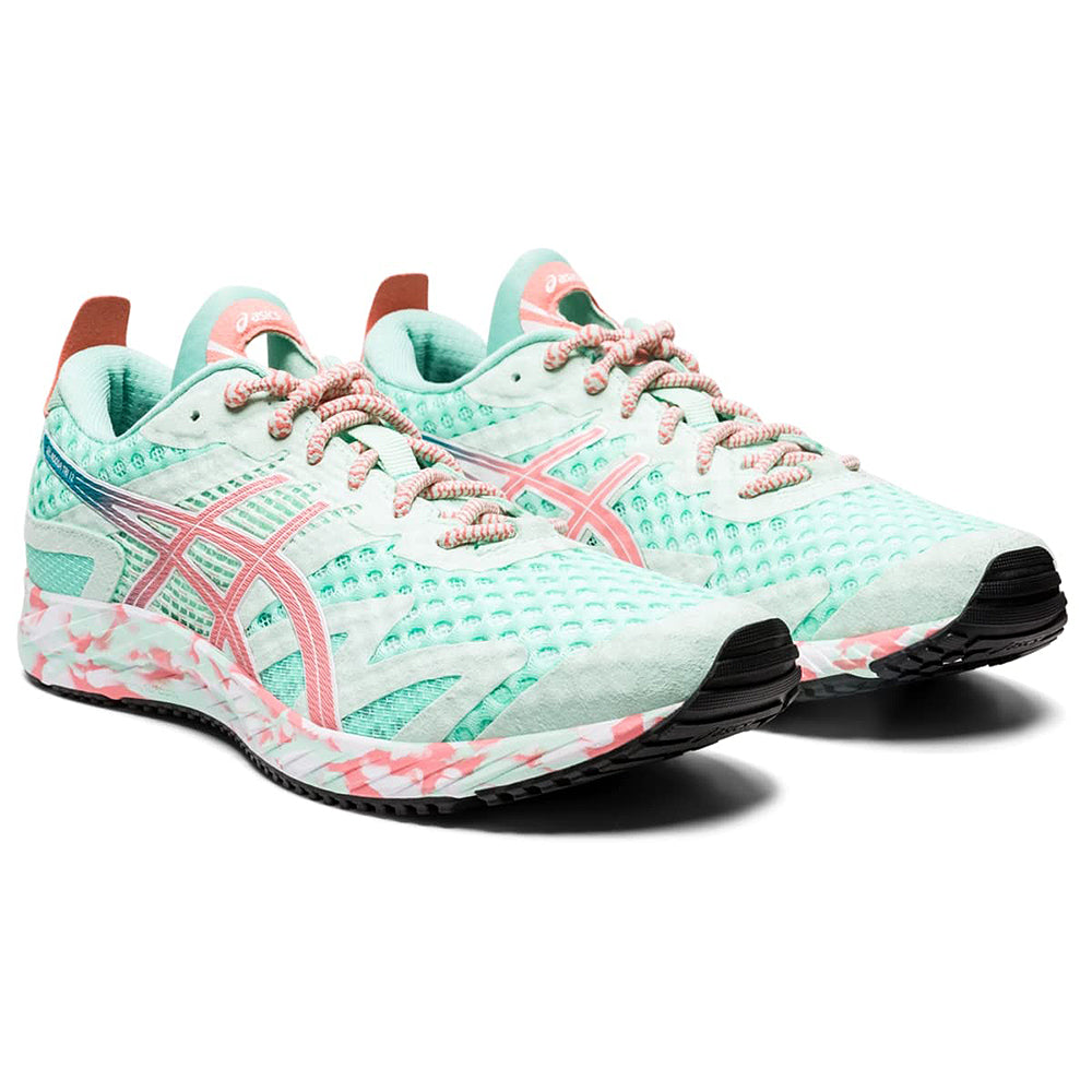 A pair of womens GEL-NOOSA TRI 12 ASICS running shoes in light teal and pink with mesh uppers, pink-and-white laces, patterned soles, black rubber outsoles, and a responsive FLYTEFOAM midsole for comfort.