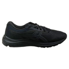 The ASICS GEL-PULSE 12 - Mens running shoe in black features a mesh upper, textured sole, subtle side branding, and advanced GEL technology, shown against a white background.