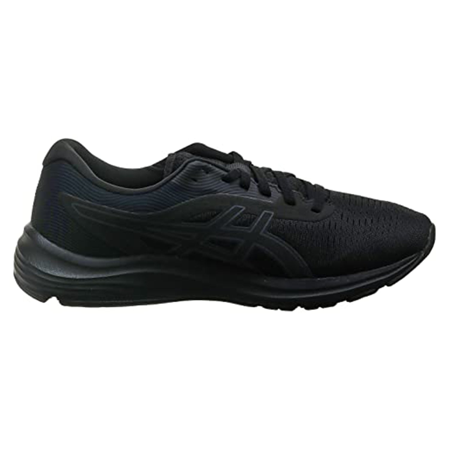 The ASICS GEL-PULSE 12 - Mens running shoe in black features a mesh upper, textured sole, subtle side branding, and advanced GEL technology, shown against a white background.