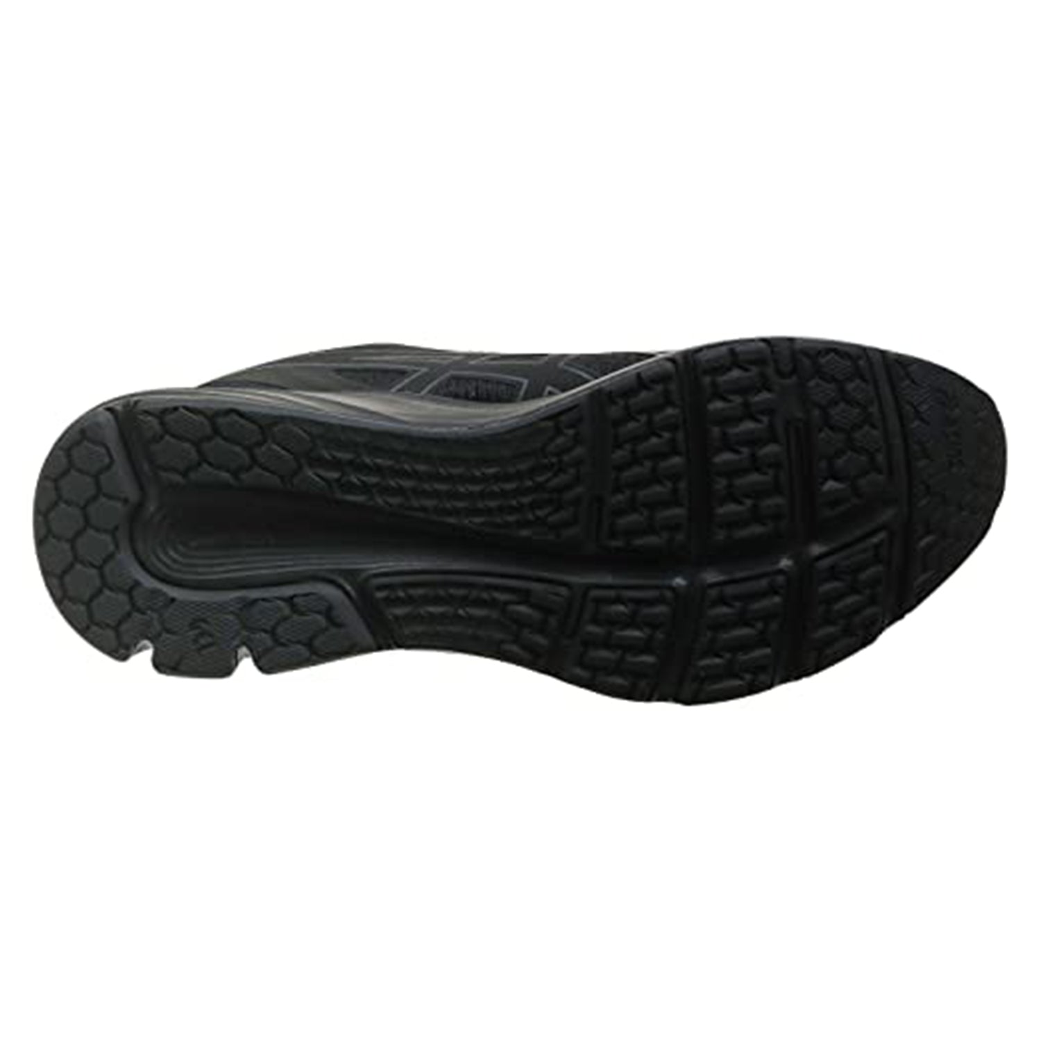 The image displays the black rubber outsole of the ASICS GEL-PULSE 12 - Mens running shoe, which features a hexagonal textured tread pattern and GEL technology for improved grip and support.