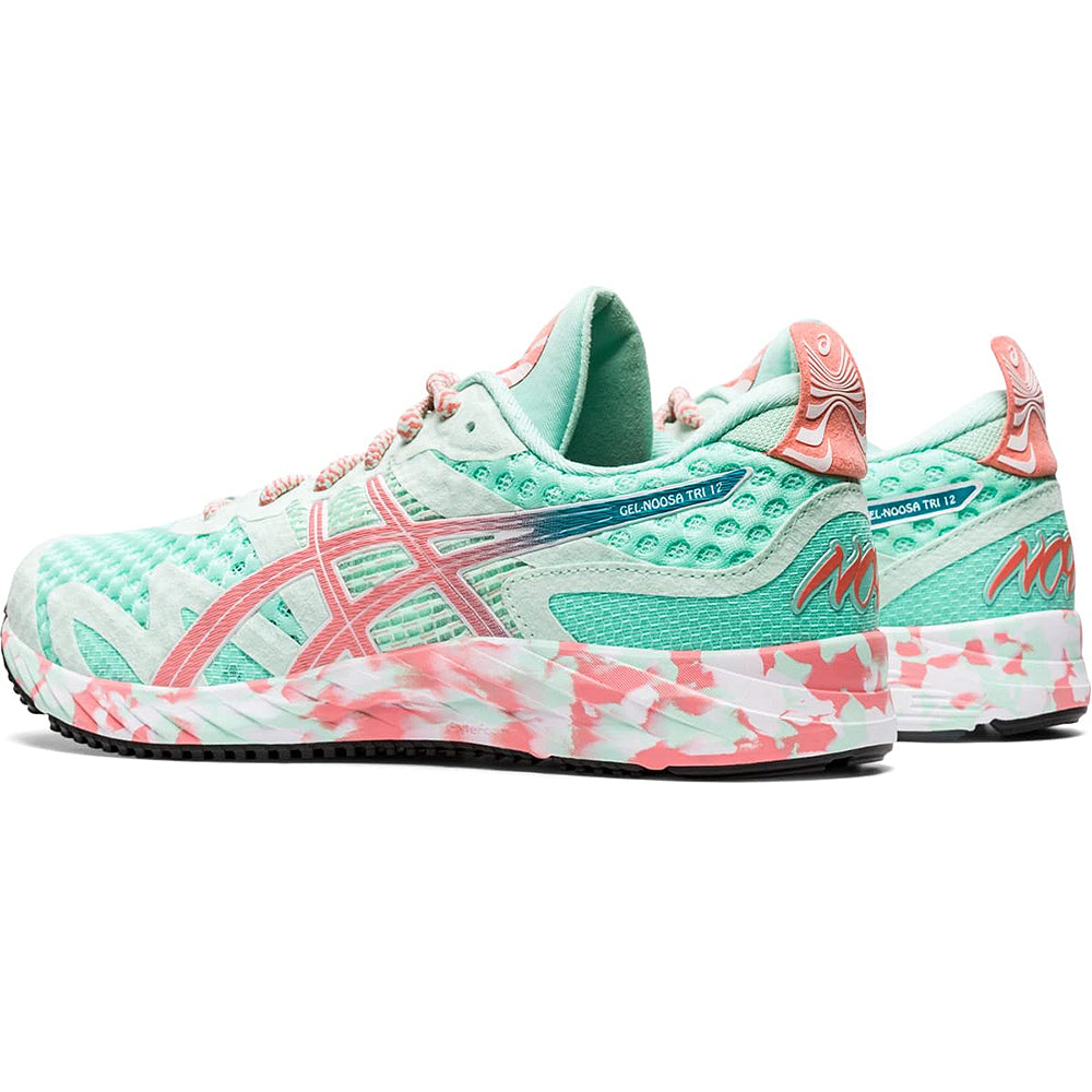 A pair of ASICS GEL-NOOSA TRI 12 - Womens running shoes with a teal mesh upper, light pink accents, and a multicolor pink, white, and teal sole featuring FLYTEFOAM midsole, shown from the side and back.